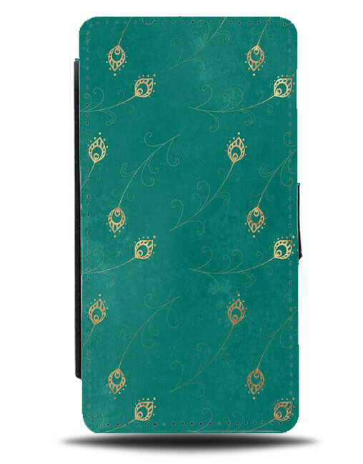 Floating Golden Feathers Flip Wallet Case Feather Turquoise Green L002