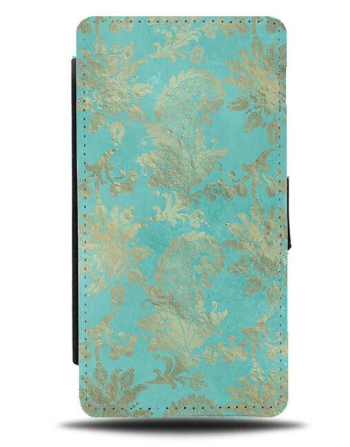Turquoise Green and Golden Floral Stencilings Flip Wallet Case Flowers K988