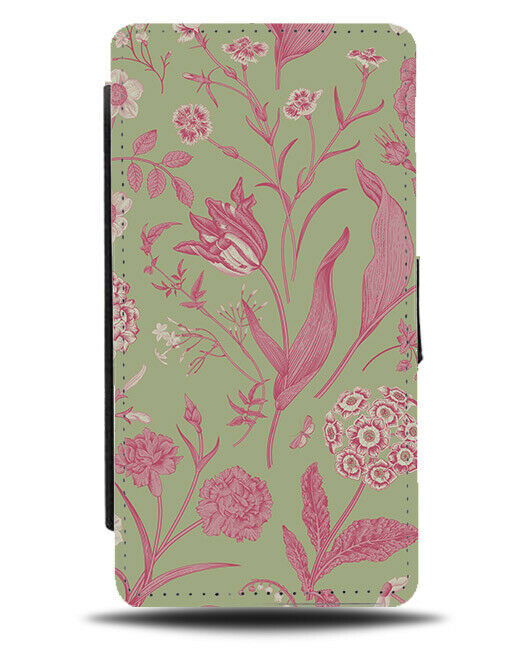 Dark Mint Green and Hot Pink Flowers Flip Wallet Case Floral Leaves Drawing G206