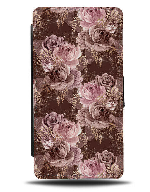 Vintage Flowery Pattern Design Flip Wallet Case Pink and Rose Gold Brown G039