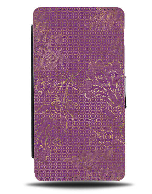 Dark Violet Purple And Gold Floral Stencilling Flip Wallet Case Flowers G213