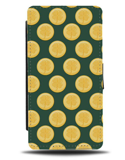 Dark Green With Gold Coins Pattern Flip Wallet Case Lucky Charm Charms G421