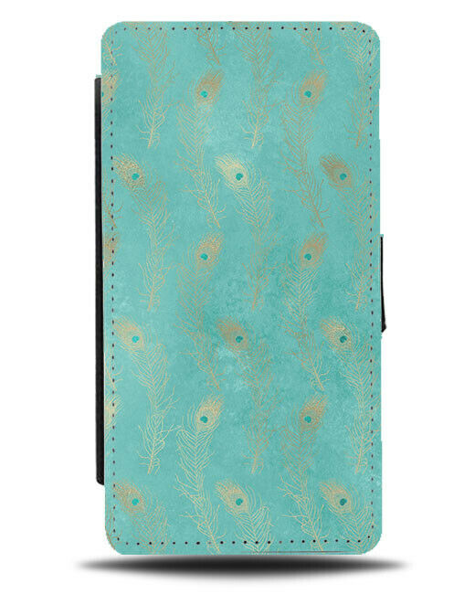Turquoise Green and Gold Peacock Feathers Flip Wallet Case Peacocks K987