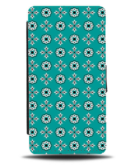 Turquoise Green Flip Wallet Case Black White Floral Stitching Print Shapes G617