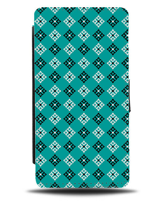 Turquoise Green Flip Wallet Case Black White Diagonal Chequered Squares G624