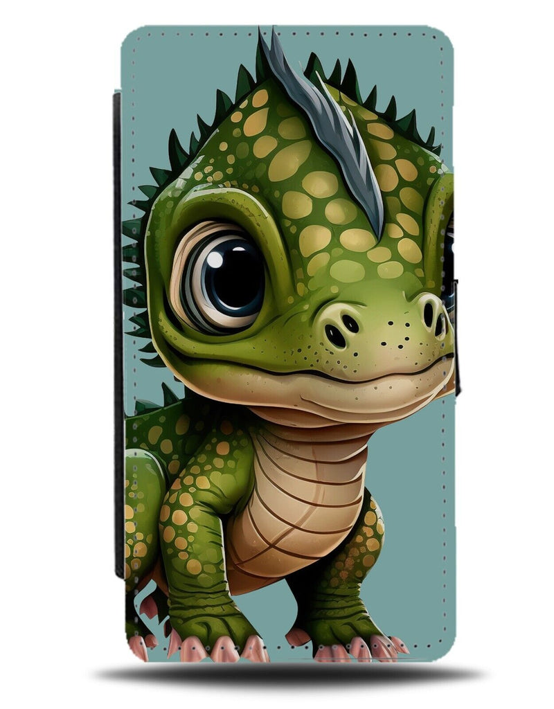 Adorable Baby Dinosaur Flip Wallet Case Dinosaurs Face Green Cute Reptile AJ66