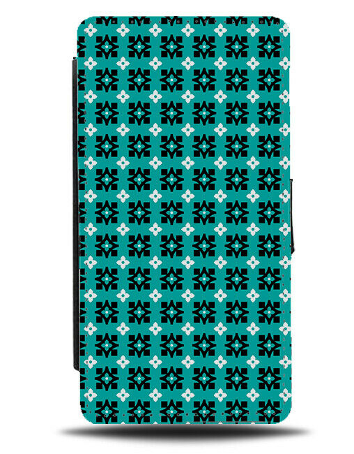 Turquoise Green Flip Wallet Case Black White Chequered Tartan Squares Print G619