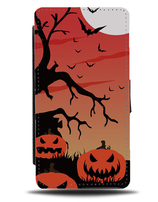Cartoon Kids Halloween Pumpkins Flip Wallet Case Bat Bats Orange Moon J015