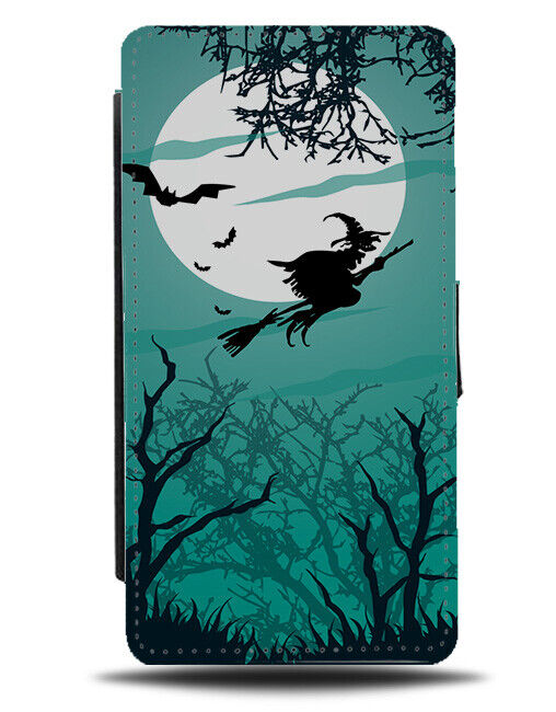 Flying Witch Silhouette Flip Wallet Case On Broomstick Broom Full Moon J014