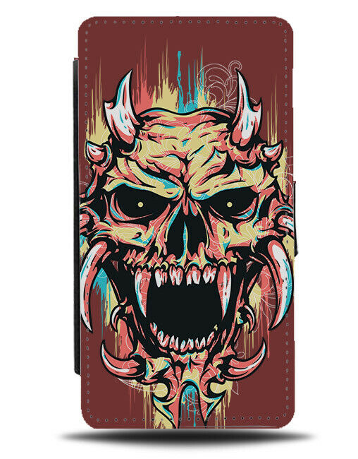Devil Skull Flip Wallet Phone Case Satan Horns Creepy Monster Paint Hell E326