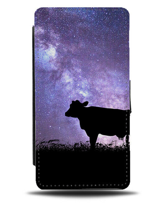 Cow Silhouette Flip Cover Wallet Phone Case Cows Galaxy Moon Universe i204