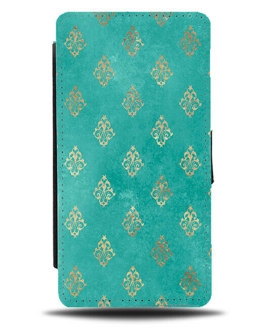 Turquoise Green and Golden Flowers Flip Wallet Case Floral Print K993