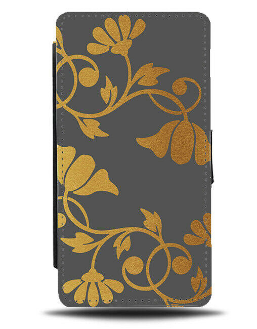 Dark Grey and Gold Floral Spirals Flip Cover Wallet Phone Case Stencils B842